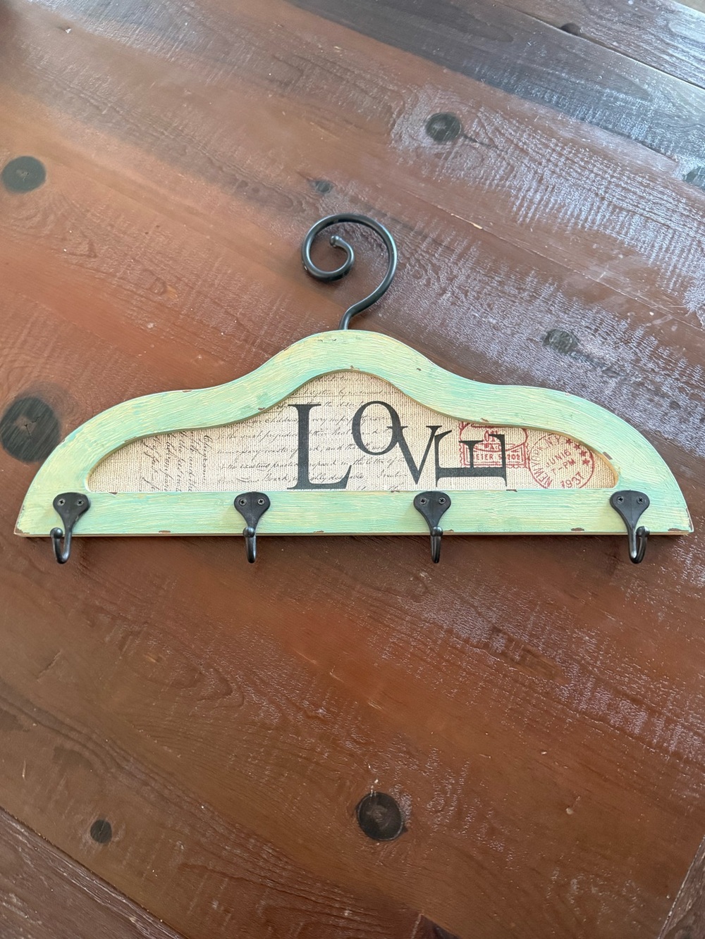 Hanging Wood Hook Rack, 5 Metal Hooks, LOVE Theme,